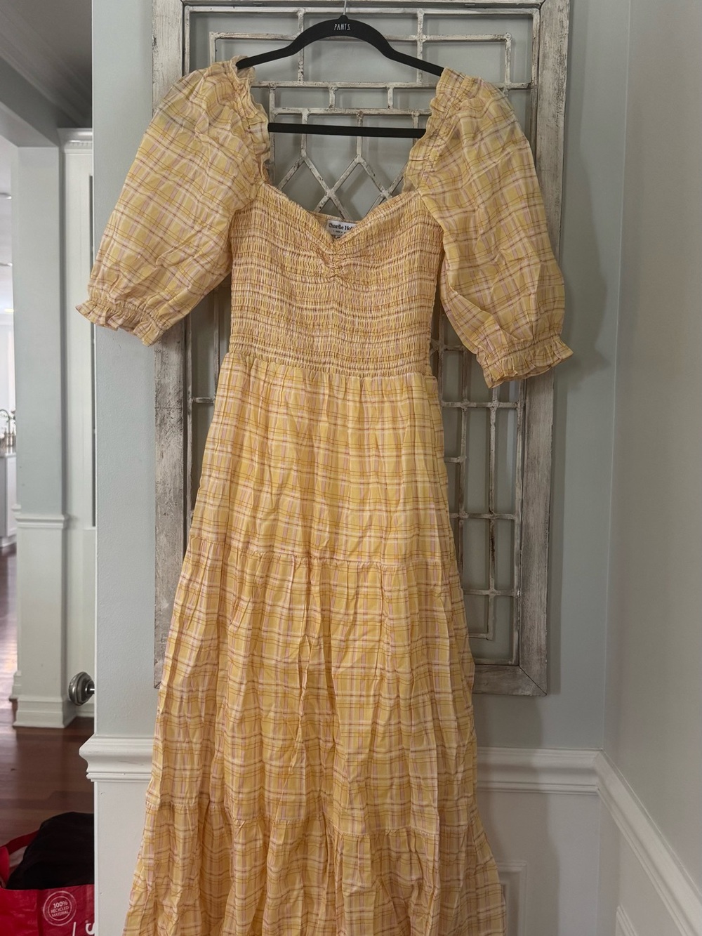 Charlie Holiday Yellow Plaid Smocked Midi Dress